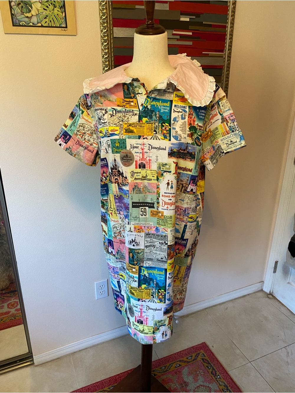 Disney Multicolor Disneyland Poster Print Mini Dress with Pink Collar